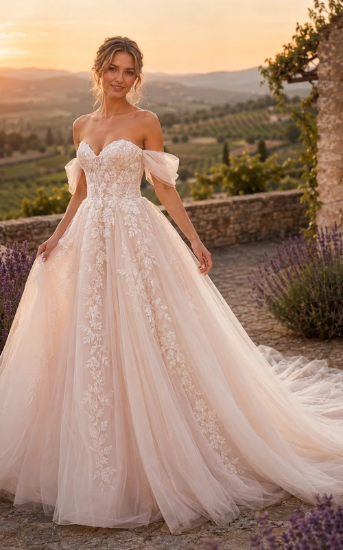 Robe de mariée romantique rose poudré en dentelle et tulle, épaules dénudées, coupe trapèze, traîne chapelle
