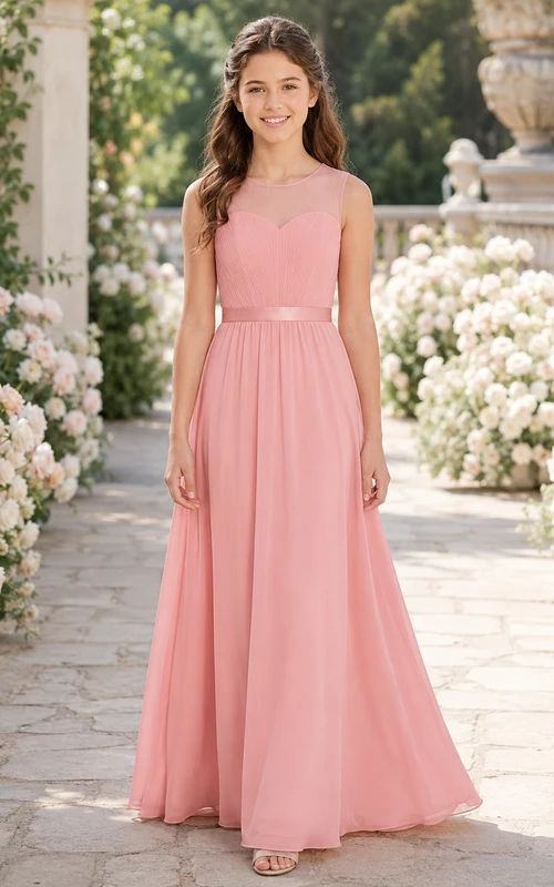 Romantisches, korallenfarbenes, ärmelloses Chiffon-Brautjungfernkleid in A-Linie mit Herzausschnitt und bodenlanger Länge