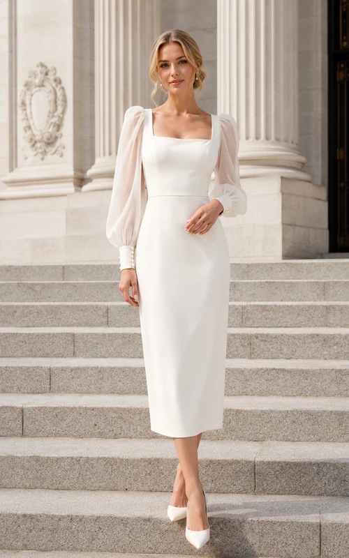 Vestido de novia ajustado de cuello cuadrado y mangas largas abullonadas del Ayuntamiento