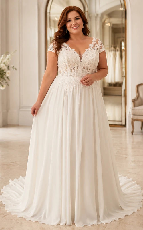 Romantic Plus Size Floor-Length V-Neck Cap Sleeve Elegant Wedding Dress