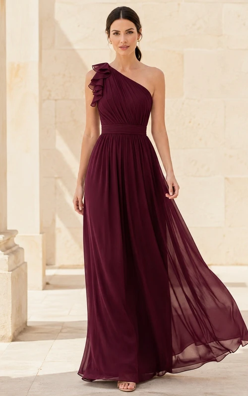 Burgundy One Shoulder Chiffon Slit Gown Classic Occasion