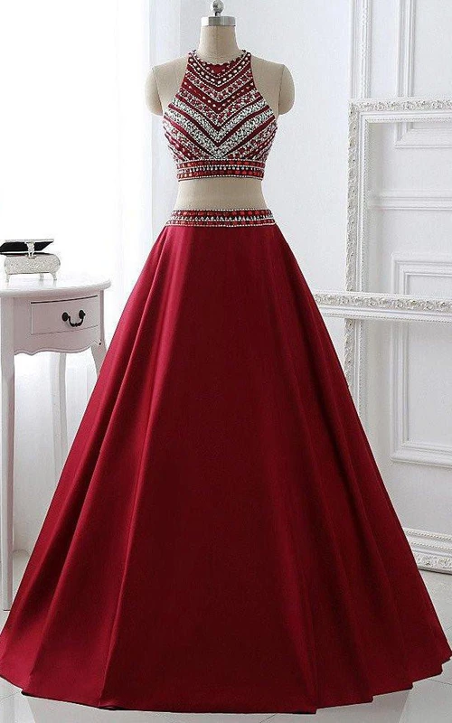 A-Linien-Zweiteiler-Kleid aus Satin mit hohem Kragen, ärmellos und mit Reißverschluss
