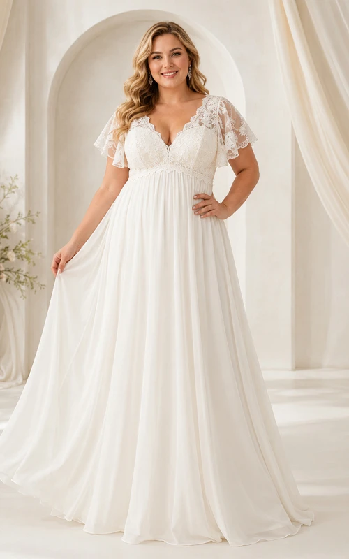 Plus Size Empire V-Neck Flutter Sleeve Wedding Dress