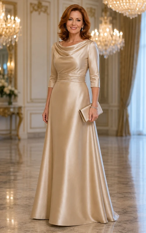 Vestido de corte A de satén color champán con cuello drapeado y mangas cortas.