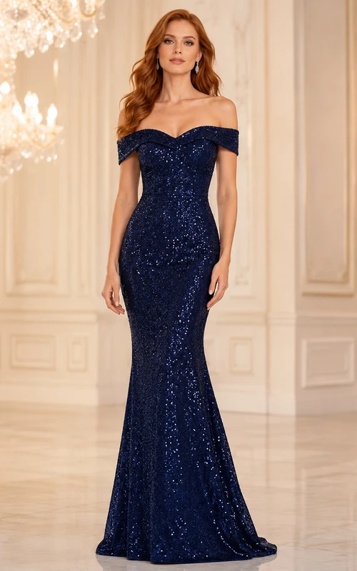 Dunkelblaues Pailletten-Meerjungfrauenkleid mit schulterfreiem Look, Reißverschluss hinten