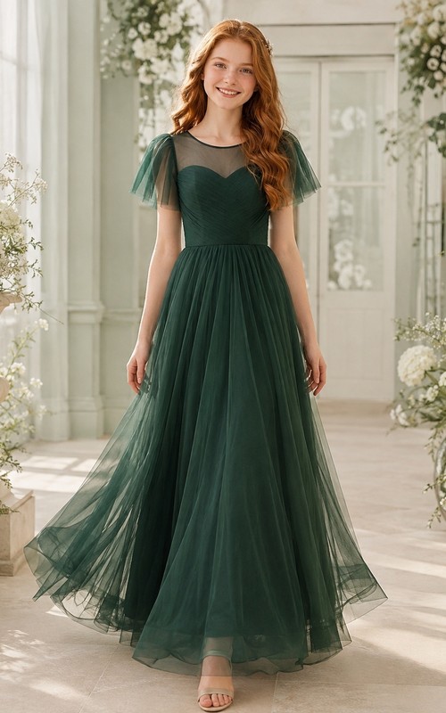 Dark Green Junior Bridesmaid Dress A-Line Square Short Sleeve Tulle Tiered Romantic Formal