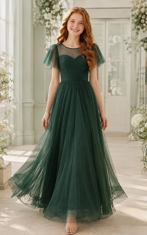 Vestido de dama de honor juvenil verde oscuro, corte en A, manga corta, tul, volantes, estilo romántico formal.