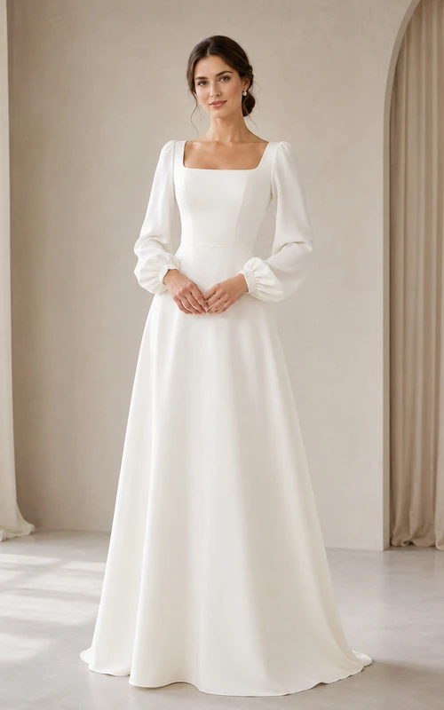 Minimalistisches Brautkleid aus Satin, A-Linie, eckiger Ausschnitt, lange Ärmel, bodenlang