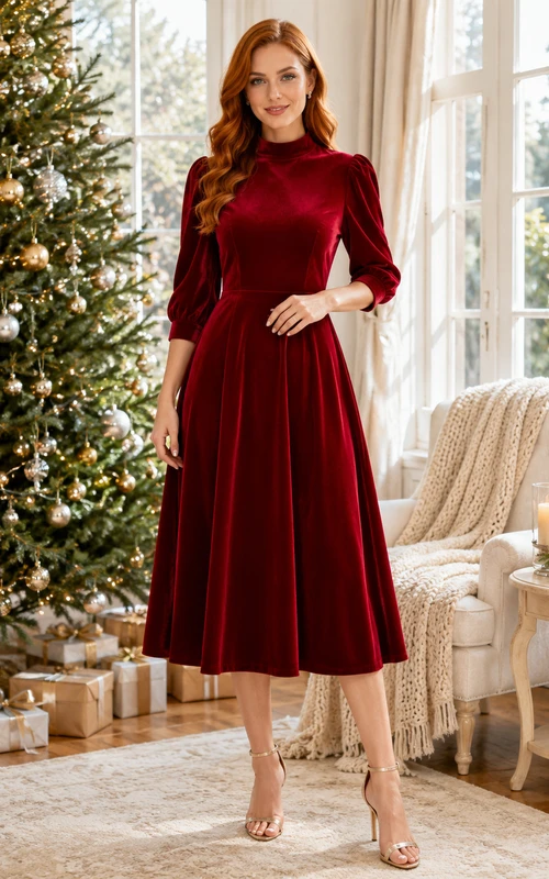 Robe midi rouge velours à col rond et manches longues pour photo de famille