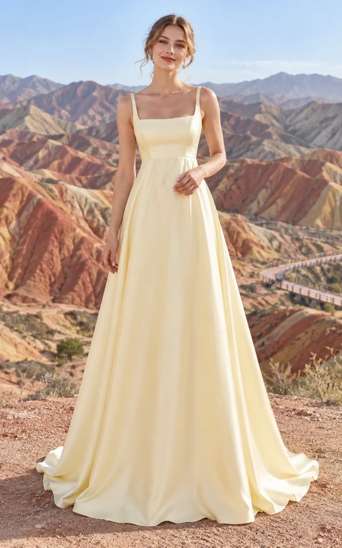 Vestido de novia sencillo de satén sin mangas con escote cuadrado y estampado imperio de narcisos