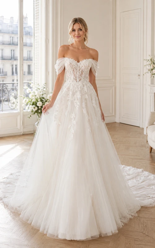 Robe de mariée classique en dentelle et tulle, épaules dénudées, manches courtes, coupe trapèze, traîne cathédrale, ornée d'appliqués floraux.