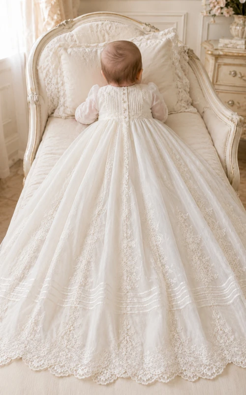Christening Gown A-Line Lace Tulle High Neck Long Sleeve Full Skirt