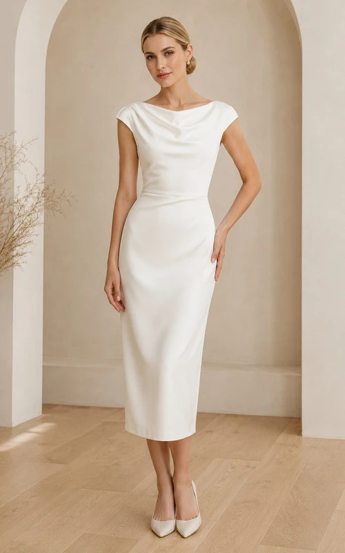 White Guest Dress Sheath Satin Bateau Cap Sleeve Tea-Length Simple Elegant Style