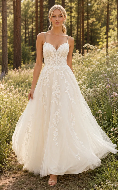 Robe de mariée bohème à bretelles spaghetti et décolleté cœur en dentelle, style forêt