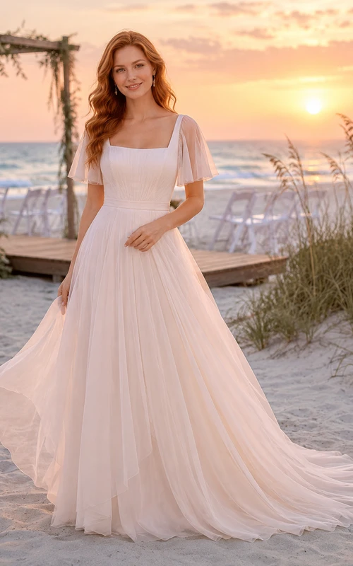 Strandhochzeitskleid aus Chiffon mit quadratischem Ausschnitt, flatternden Ärmeln und A-Linie