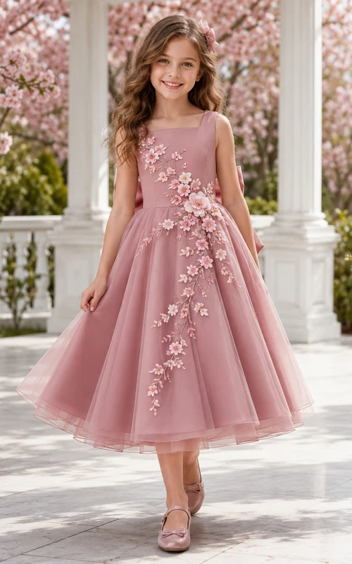 Altrosa Kirschblüten-A-Linien-Blumenmädchenkleid mit ärmellosem Tüllrock, floralen Applikationen, wadenlangem Rock und großer Schleife