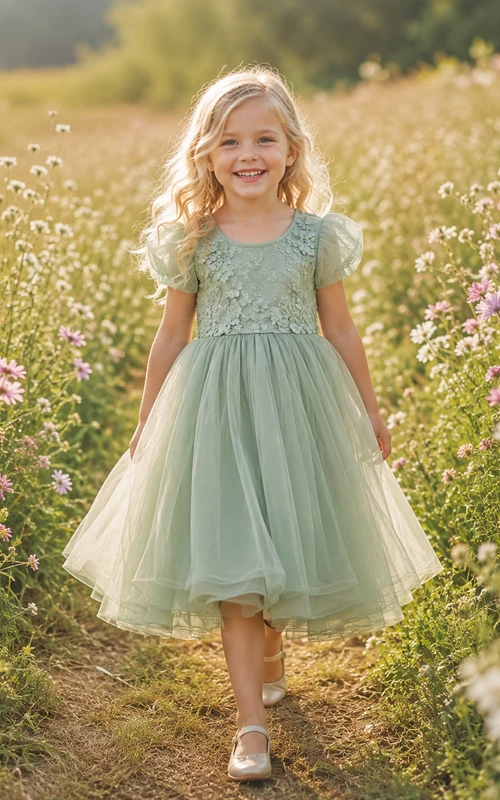 Flower Girl Dress Sage Tulle A-Line Jewel Neck Tea Length Bow Back