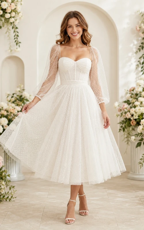 Lässiges, romantisches Brautkleid aus Tüll mit Herzausschnitt, langen Ärmeln und Illusionsausschnitt in A-Linie und Teelänge