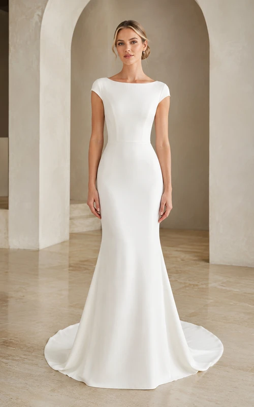 Robe de mariée sirène moderne en satin à manches bateau et décolleté en V plongeant
