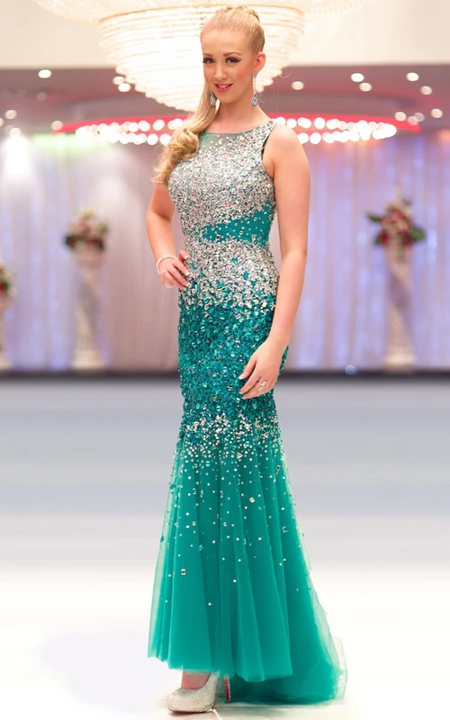 Sheath Ankle-Length Sleeveless Crystal Scoop-Neck Sequins&Tulle Prom Dress