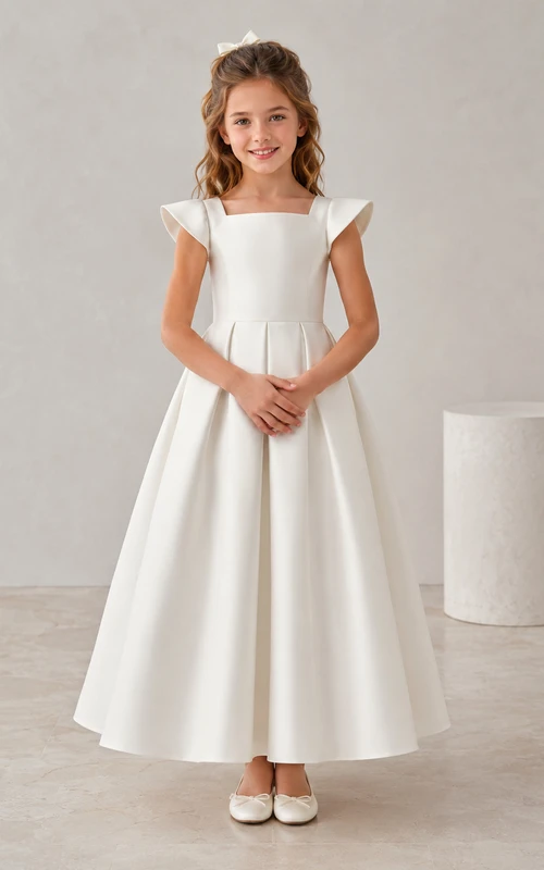 Vestido de niña de flores blanco de satén con mangas cortas, corte en A, escote joya y falda a la altura de la rodilla con detalle de lazo.