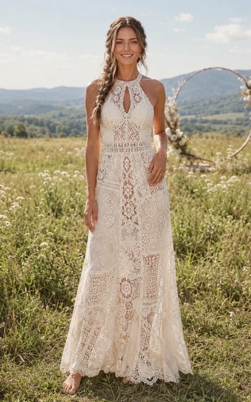 Robe de mariée bohème fourreau en dentelle crochetée dos nu et décolleté en V