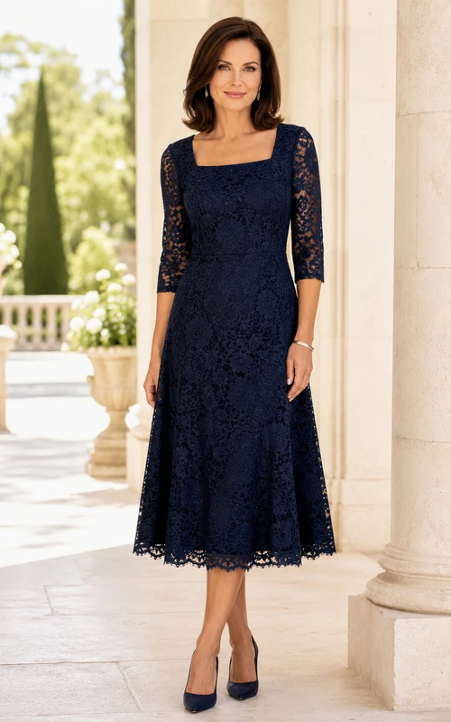 Dark Navy Knee-Length A-Line Modest Mother of the Bride Lace Cocktail Dress with Square Neck Three-Quarter Sleeves and Scalloped Hem