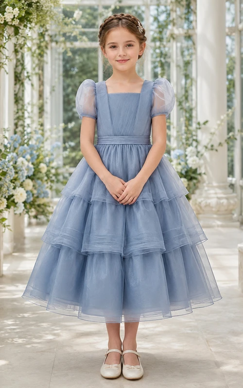 Blumenmädchenkleid aus stahlblauem Tüll, A-Linie, Rundhalsausschnitt, Teelänge, plissiert