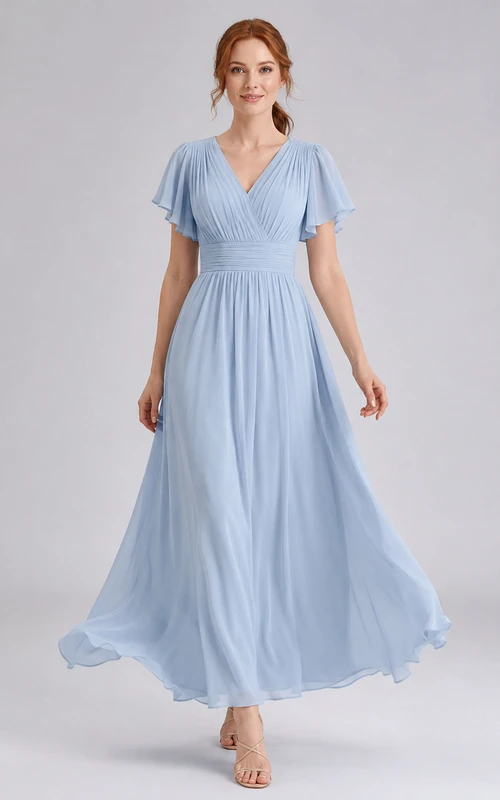 Light Blue Chiffon Flutter Sleeve Empire Waist Formal Gown