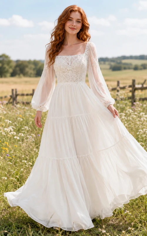 Brautkleid im Landhausstil aus Spitze und Tüll, A-Linie, eckiger Ausschnitt, lange Ärmel, bodenlang