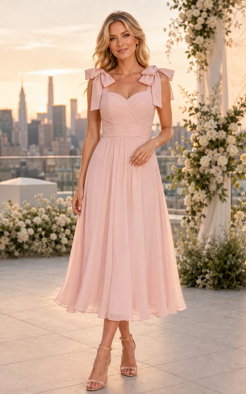Blush Sweetheart Bow Strap Chiffon Tea Length Guest Dress