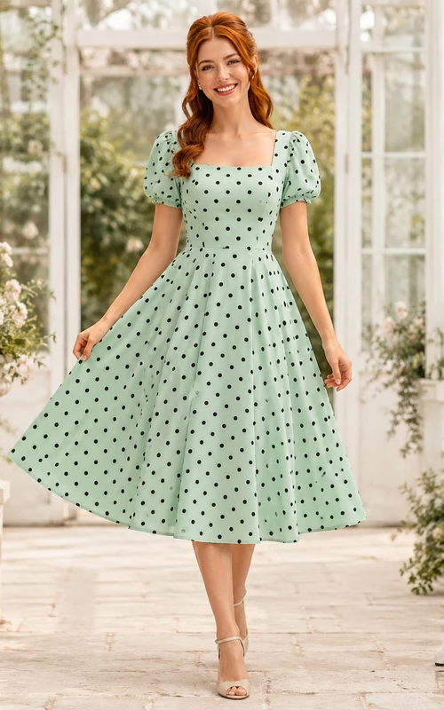 Mint Polka Dot Square Neck Puff Sleeve Swing Dress