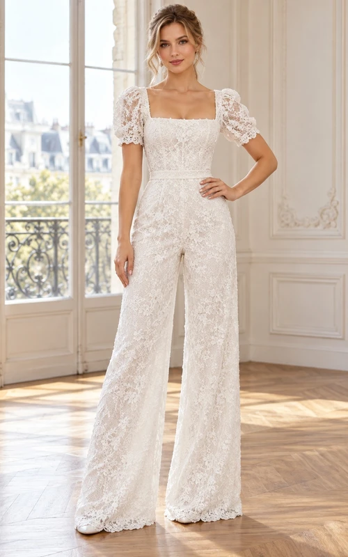 Combinaison de mariage à jambes larges en dentelle florale et col carré, manches bouffantes et dentelle florale