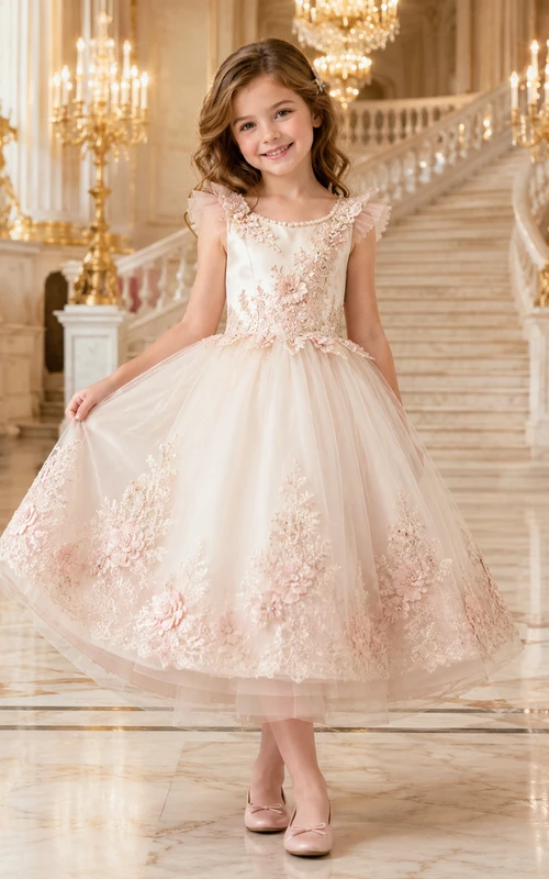 Vestido de niña de flores color marfil, plisado, de manga corta, largo hasta la rodilla, corte en A, con encaje floral en tono rosa empolvado, escote de perlas y lazo de satén extragrande en la espalda.