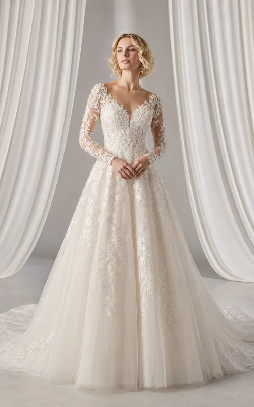 Wedding A-Line Lace Dress with Long Sleeves and Chapel Train