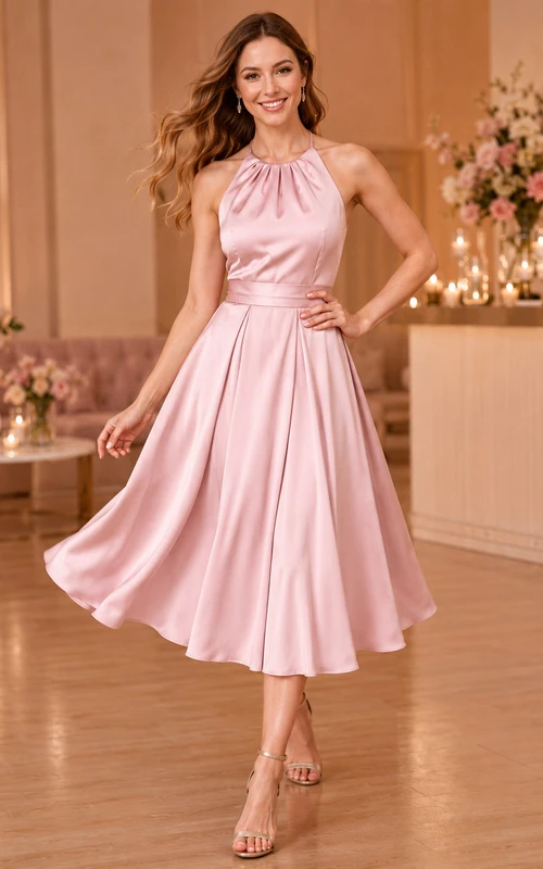 Robe de mariée rose poudré en satin plissé, dos nu, longueur thé, à bretelles licou.