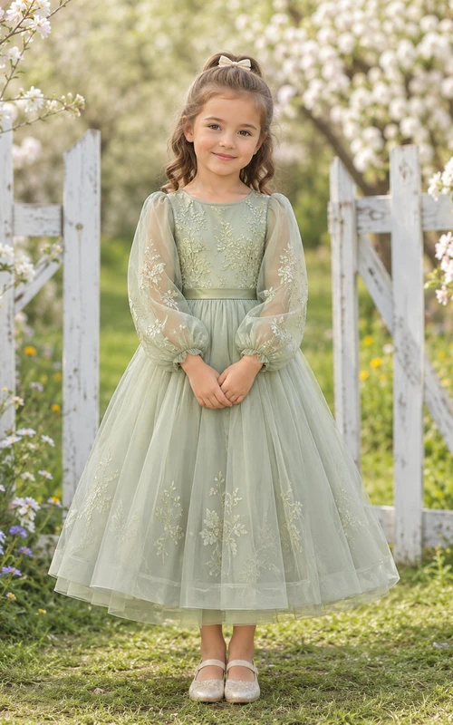 Robe de demoiselle d'honneur en tulle, coupe trapèze, manches gigot, longueur thé, en dentelle sauge, idéale pour un mariage champêtre.