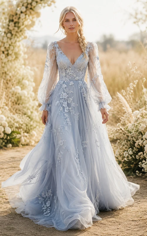 Robe de mariée en tulle bleu pâle à manches longues et col en V, ornée de dentelle florale et de fleurs.