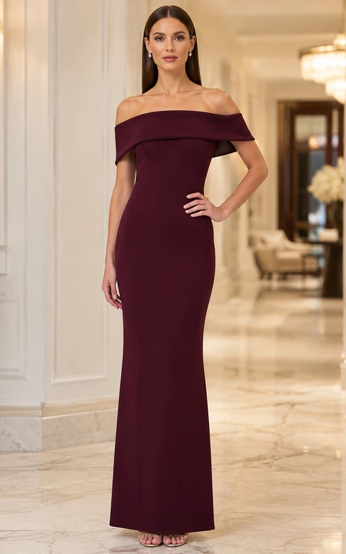 Vestido de fiesta columna color burdeos con hombros descubiertos en crepé
