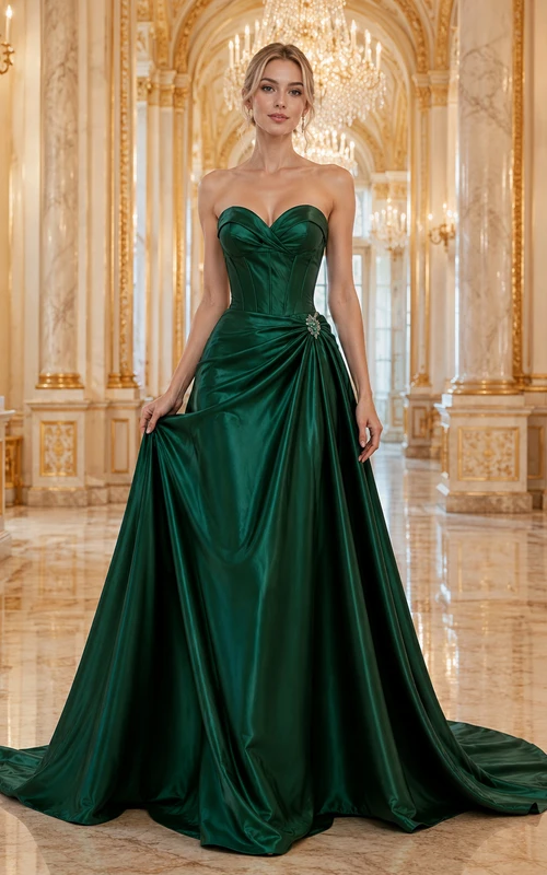 Prom Dress Dark Green Satin Ball Gown Strapless Sweetheart Draped Sweep Train