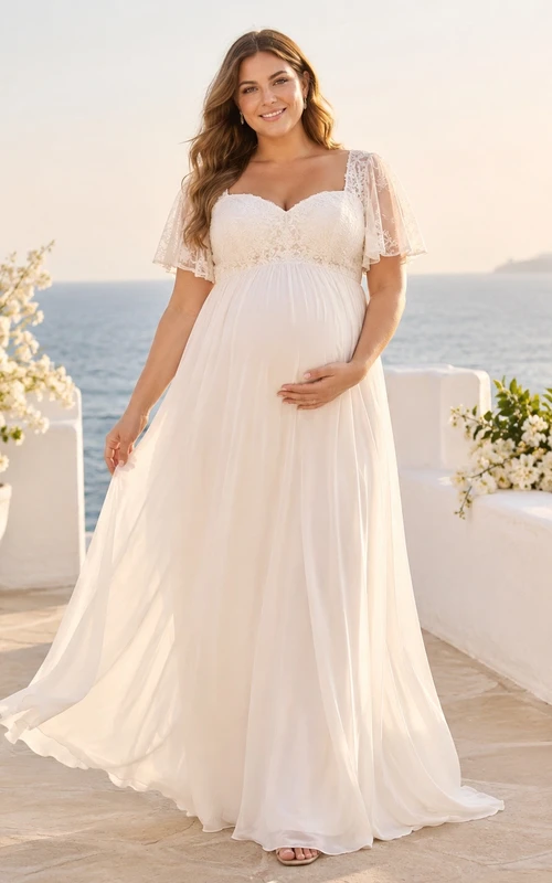 Romantic Off-the-shoulder Short Sleeve Floor-length Chiffon Empire Maternity Bridal Dress