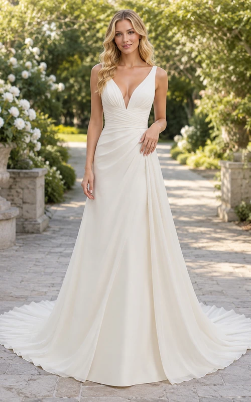 Brautkleid aus Satin, A-Linie, V-Ausschnitt, ärmellos, Kapellenschleppe, tiefer V-Ausschnitt am Rücken