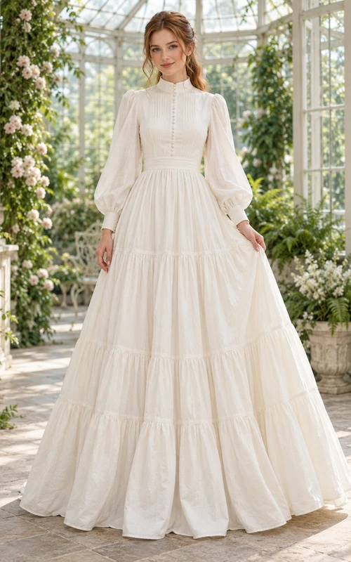 Vestido de novia sencillo de algodón con mangas largas, cuello alto y volantes, corte en A y largo hasta el suelo