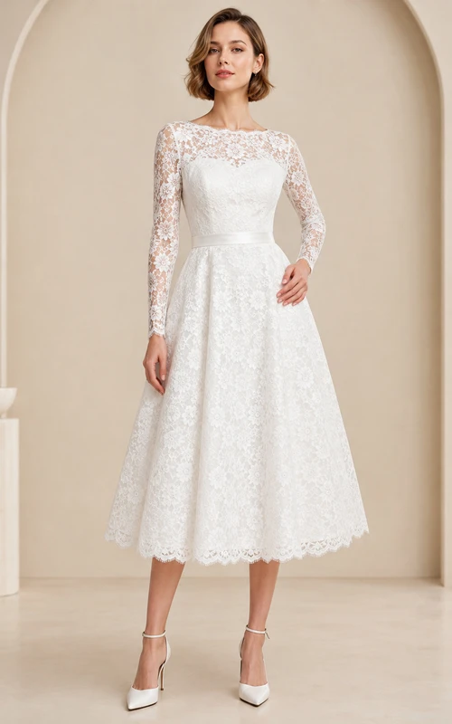 Vestido largo blanco de encaje con escote barco, mangas ilusión y corte en A, estilo modesto, largo hasta la rodilla.