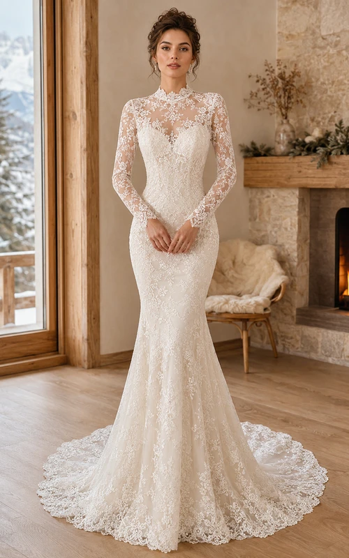 Mariage d'hiver en dentelle à col montant, manches longues illusion, traîne chapelle, robe sirène sirène, col montant et manches longues illusion