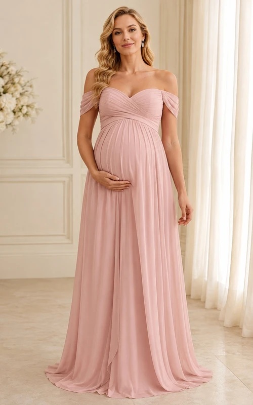 Maternity Off Shoulder Chiffon Empire Floor Length Romantic Evening Gown