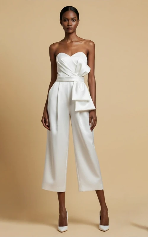 Combinaison de mariage culotte bustier plissée à nœud et jambes larges