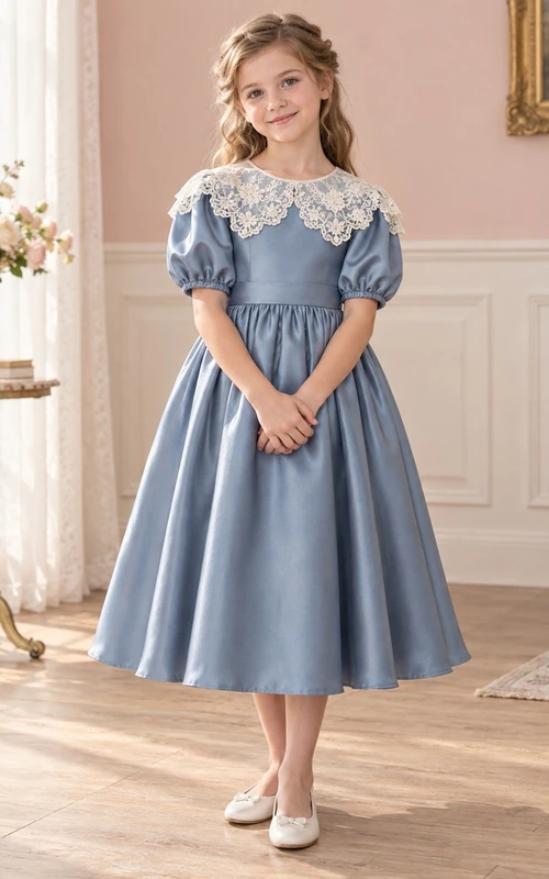 Vintage Modest Tea-length Blue Scalloped Collar Puff Sleeve Satin Flower Girl Dress
