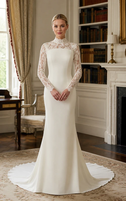 Weißes Meerjungfrauen-Hochzeitskleid im Vintage-Stil mit hohem Kragen, Spitzenärmeln und Meerjungfrauenmuster