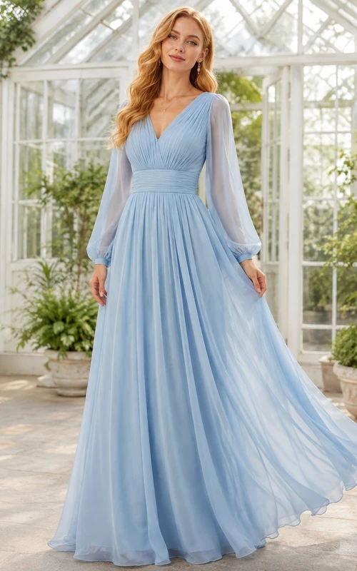 Elegant Sky Blue V-neck Long Sleeve Floor-length Chiffon Garden Dress